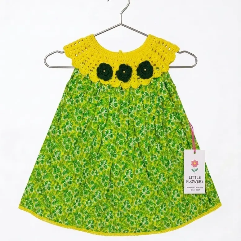 Green Floral Cotton Baby Frock with Yellow Crochet Yoke