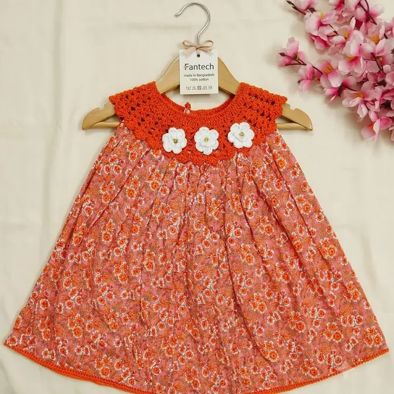 Orange Floral Cotton Baby Frock with Handcrafted Crochet Yoke